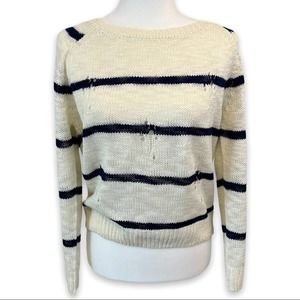 🌸 Tobi | Women's Long-Sleeve Blue & White Distressed Knit Sweater Lo-Hi Hem